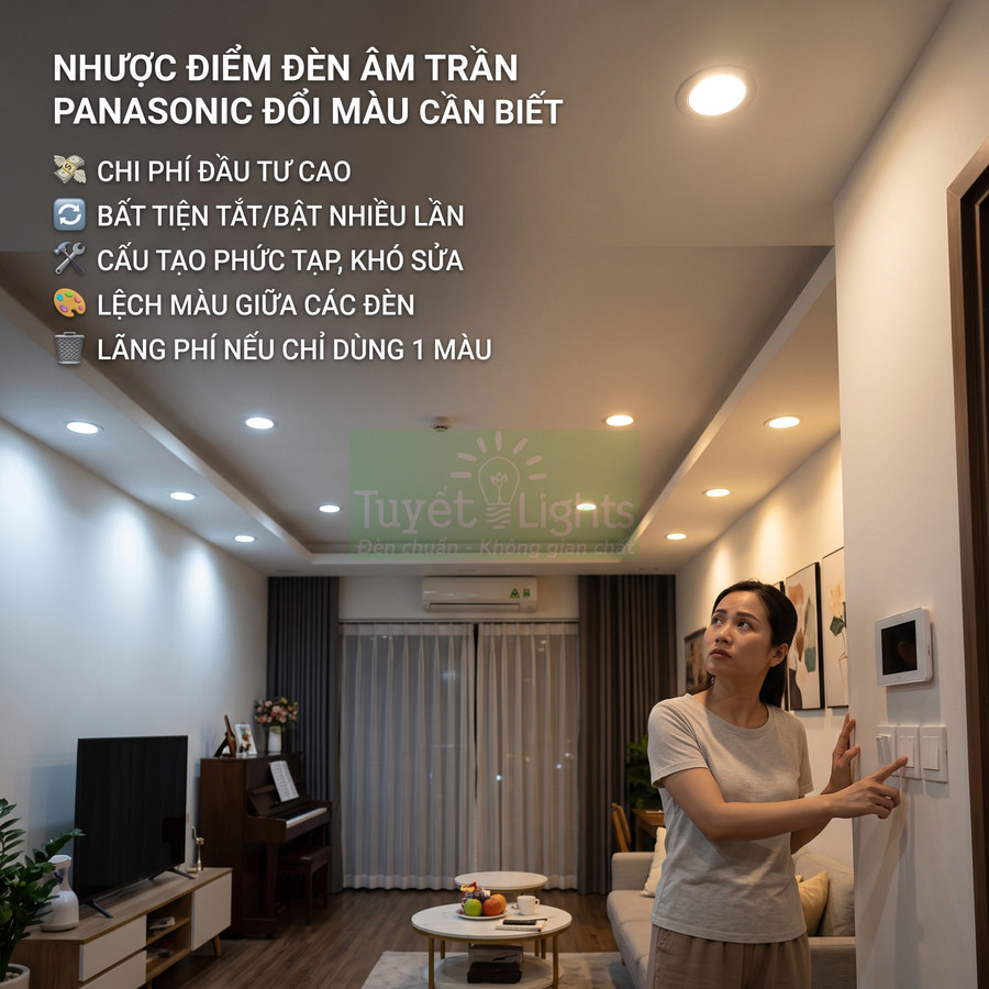 Nhược điểm đèn âm trần Panasonic đổi màu trong phòng khách, người phụ nữ đứng bật tắt công tắc điện