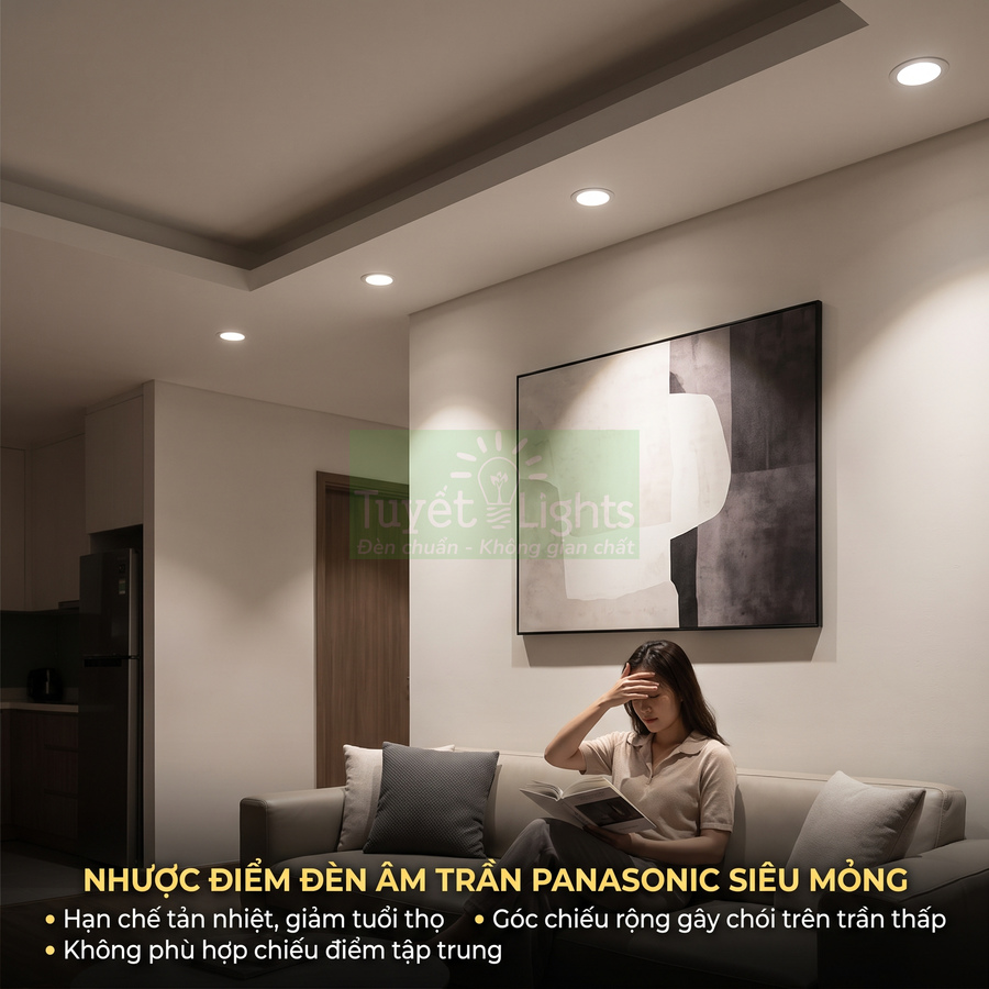 Đèn âm trần Panasonic siêu mỏng chiếu sáng phòng khách hiện đại với người phụ nữ ngồi đọc sách trên sofa
