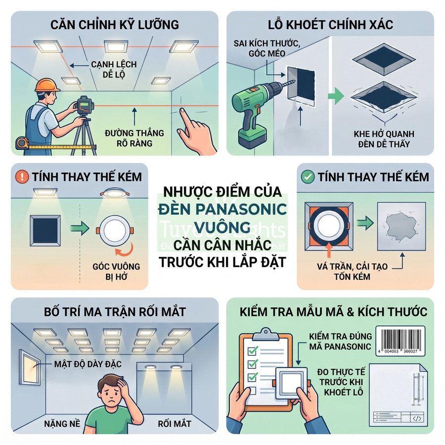 Nhược điểm đèn Panasonic vuông âm trần, khó căn chỉnh lỗ khoét, thay thế kém và dễ gây rối mắt khi bố trí dày đặc