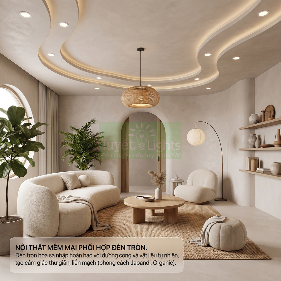 Đèn trần tròn Tuyết Lights trong phòng khách phong cách Japandi với sofa kem và bàn trà gỗ