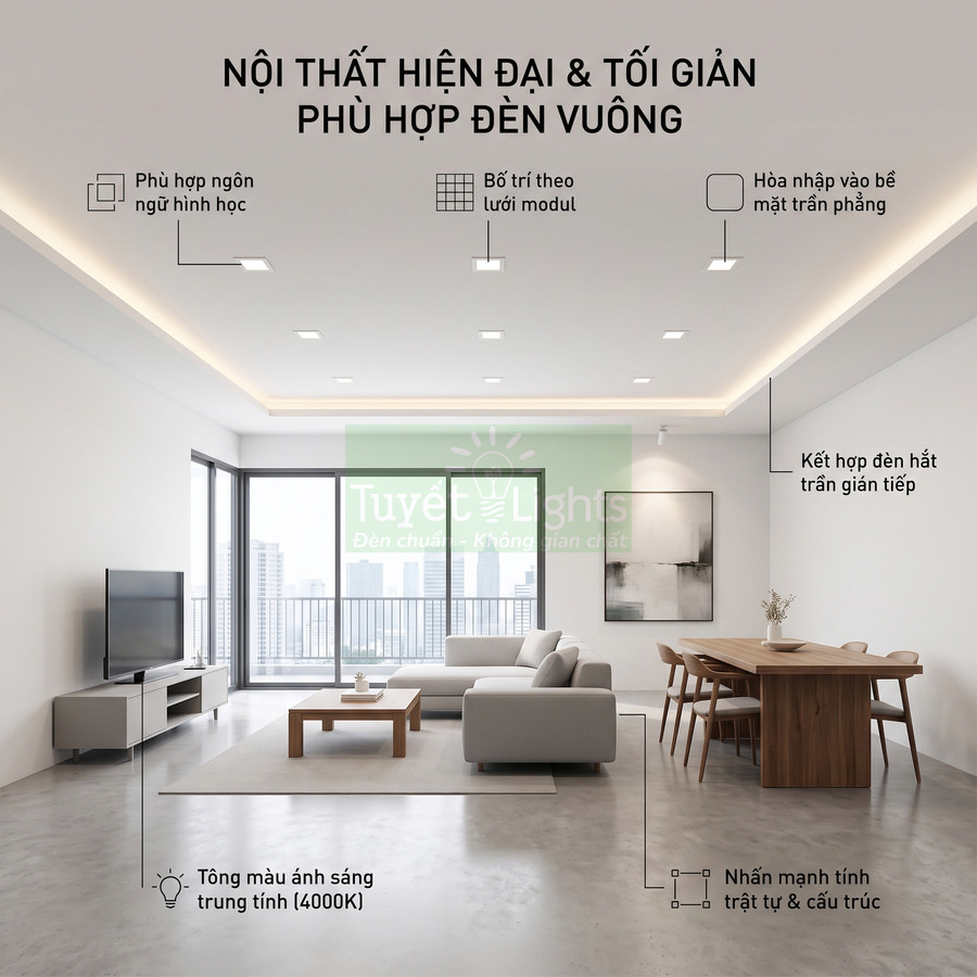 Phòng khách tối giản với bộ sofa xám, bàn gỗ và hệ thống đèn vuông âm trần Tuyết Lights ánh sáng trung tính
