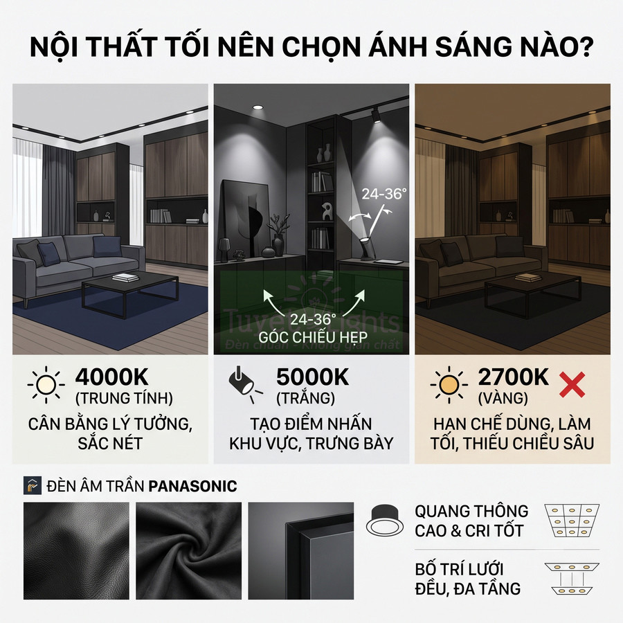 Đèn âm trần Panasonic cho nội thất tối với nhiệt độ màu 4000K và 5000K, ánh sáng rõ nét, tạo điểm nhấn trưng bày
