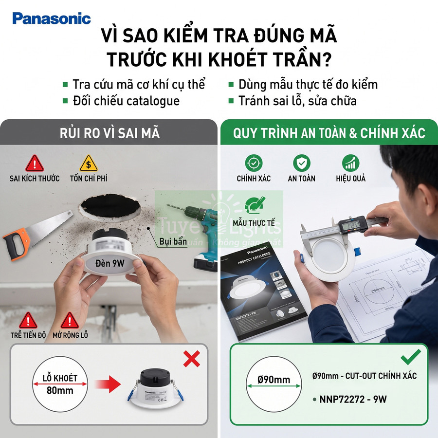 Đèn âm trần Panasonic 9W và hướng dẫn kiểm tra đúng mã, kích thước lỗ khoét trần an toàn chính xác