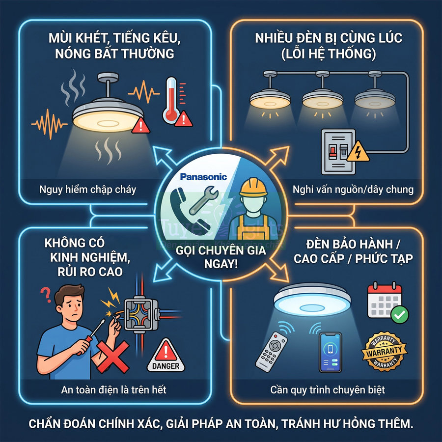Infographic Panasonic cảnh báo nguy cơ khi tự sửa đèn trần và khuyến nghị gọi chuyên gia điện an toàn