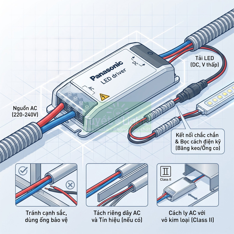 Bộ nguồn LED driver Panasonic đấu nối với dây nguồn AC và dải đèn LED kèm hướng dẫn lắp đặt an toàn