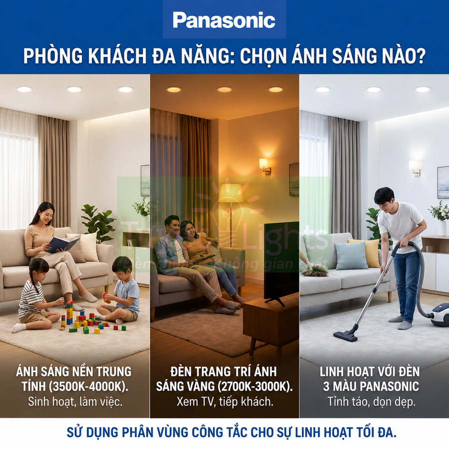 Đèn trần Panasonic 3 chế độ ánh sáng cho phòng khách đa năng khi sinh hoạt, xem TV và dọn dẹp
