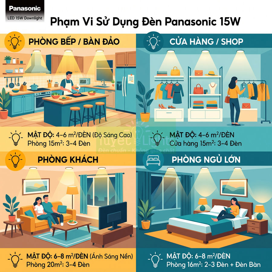 Hướng dẫn phạm vi sử dụng đèn LED âm trần Panasonic 15W cho bếp, phòng khách, cửa hàng và phòng ngủ lớn