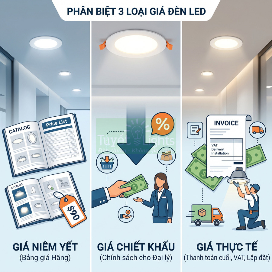 So sánh ba loại giá đèn LED Tuyết Lights gồm giá niêm yết, giá chiết khấu và giá thực tế kèm hóa đơn