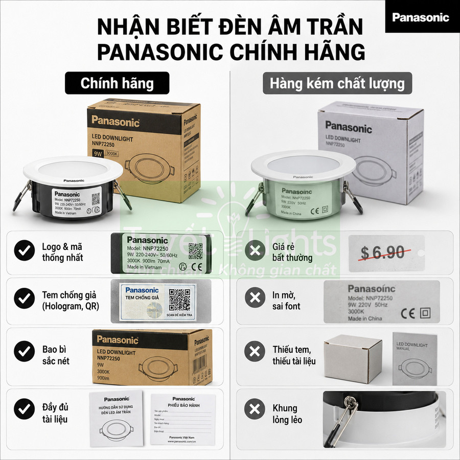 Hướng dẫn phân biệt đèn âm trần Panasonic chính hãng và hàng kém chất lượng bằng bao bì, tem và khung đèn