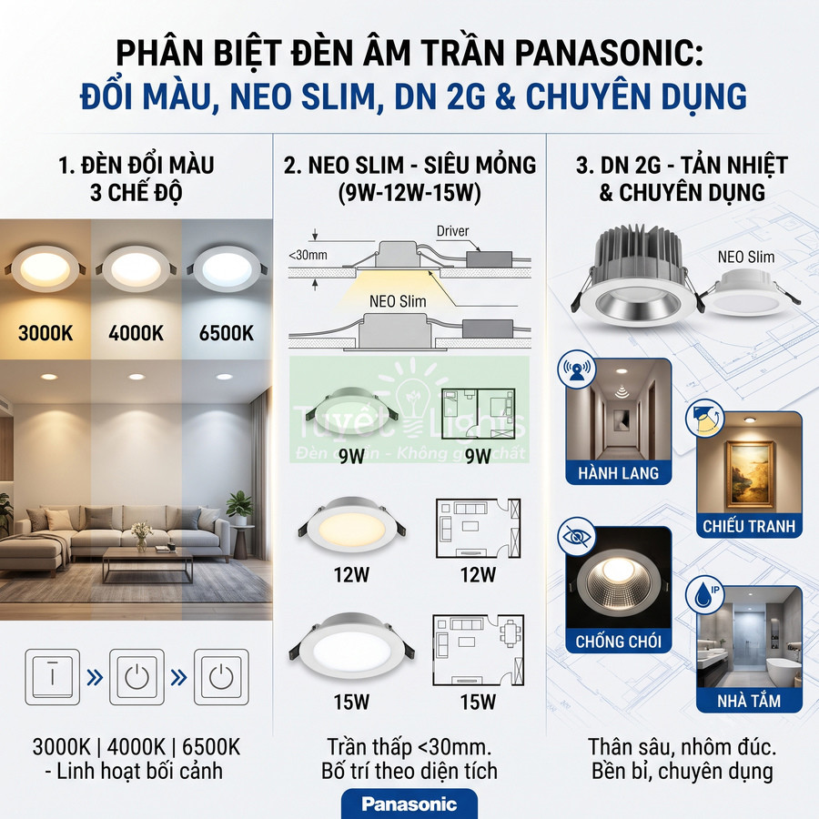 So sánh các loại đèn âm trần Panasonic đổi màu, Neo Slim siêu mỏng và DN 2G chuyên dụng cho nhiều không gian