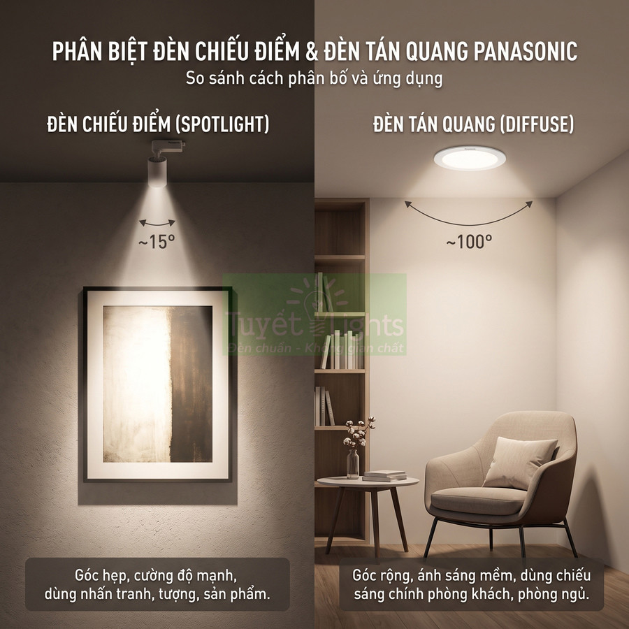 Đèn âm trần Panasonic chiếu điểm và tán quang khác nhau thế nào?
