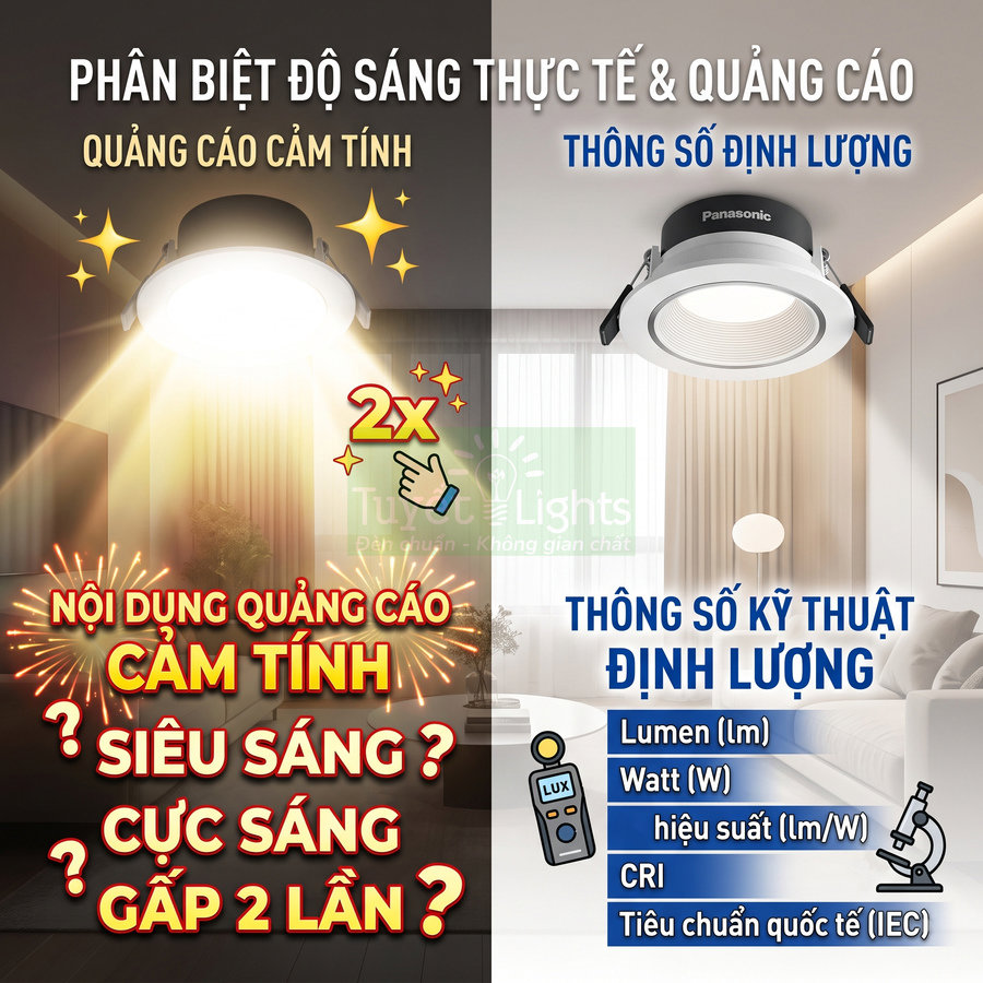 Đèn downlight Panasonic so sánh độ sáng quảng cáo cảm tính và thông số kỹ thuật định lượng trong phòng khách