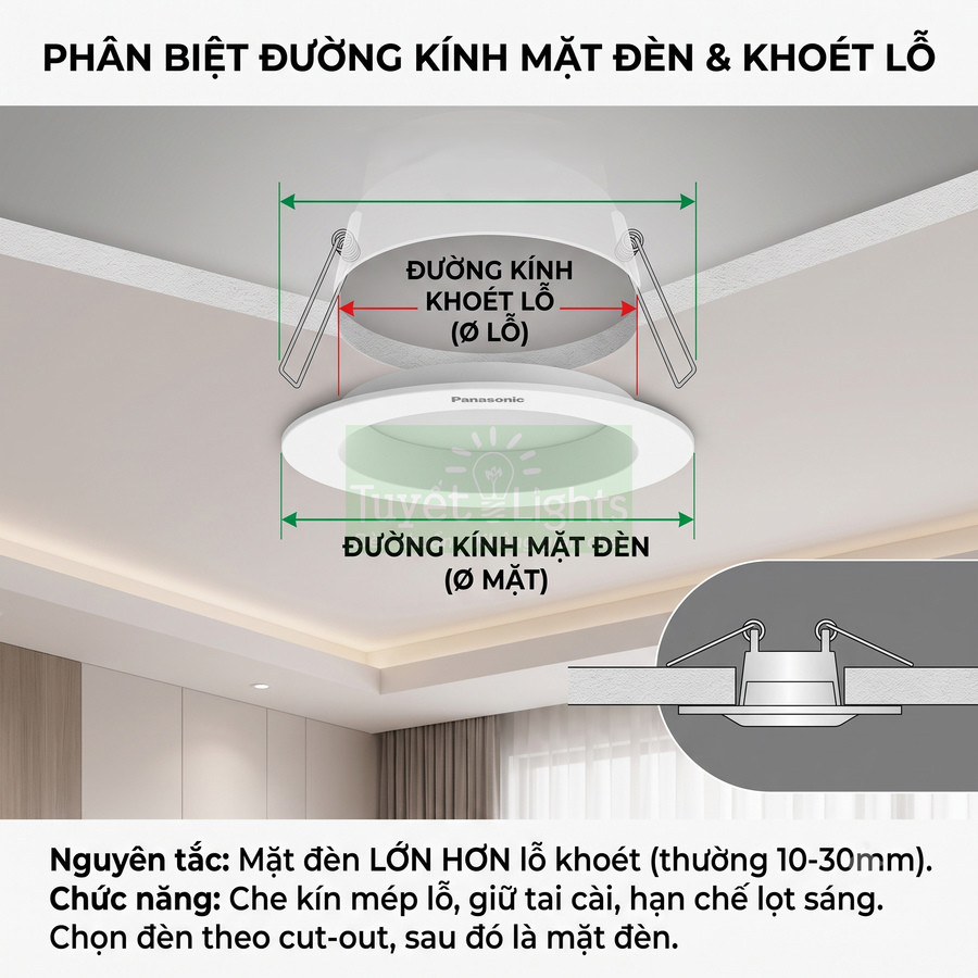 Đèn led âm trần Panasonic màu trắng kèm hướng dẫn phân biệt đường kính mặt đèn và đường kính khoét lỗ