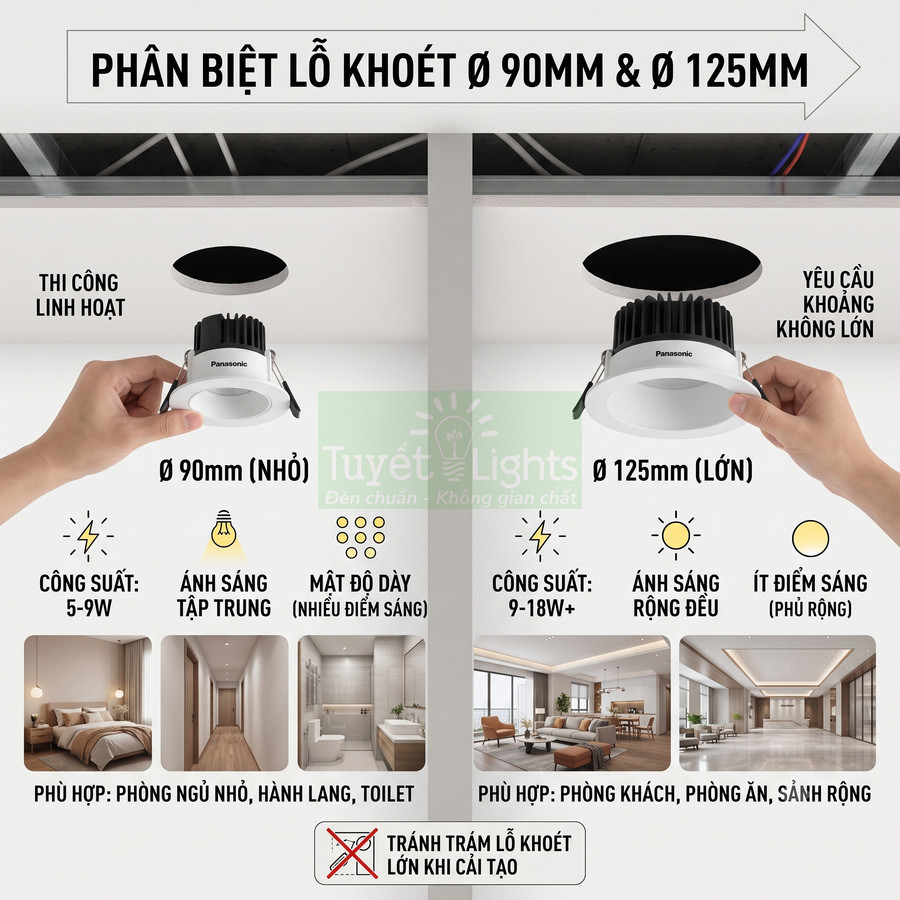 Đèn downlight âm trần Panasonic so sánh lỗ khoét 90mm và 125mm cho các không gian nội thất