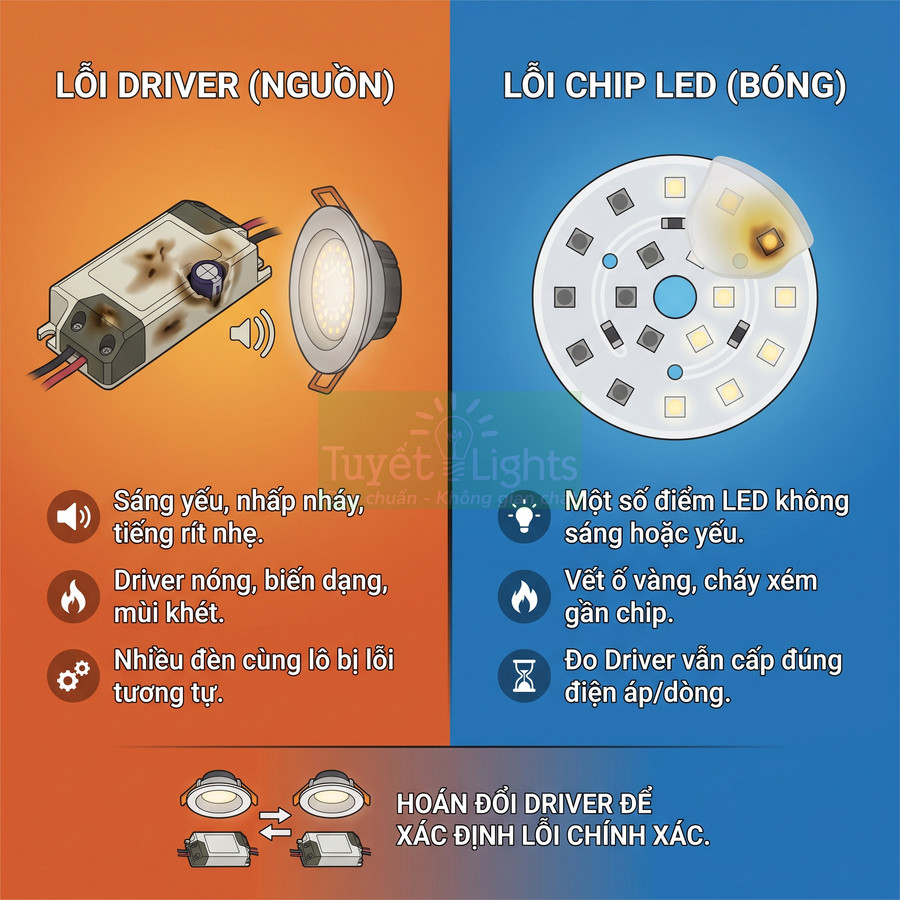 Minh họa phân biệt lỗi driver nguồn và lỗi chip bóng đèn LED âm trần Tuyết Lights