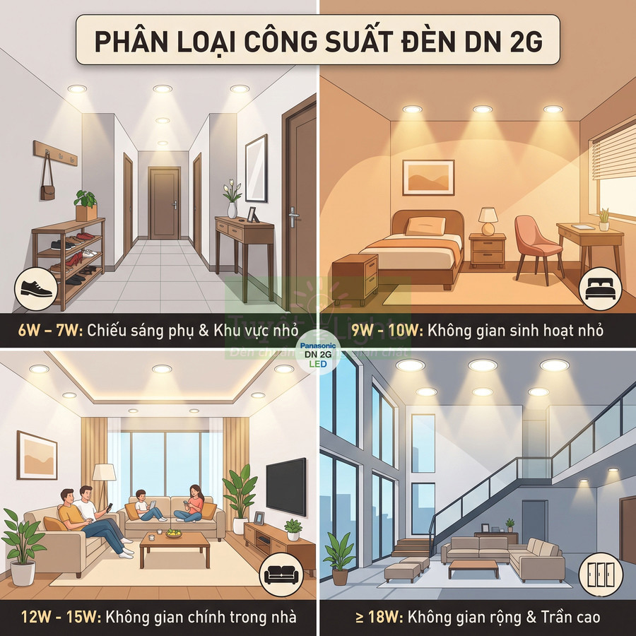 Phân loại công suất đèn LED âm trần Panasonic DN 2G cho từng không gian trong nhà