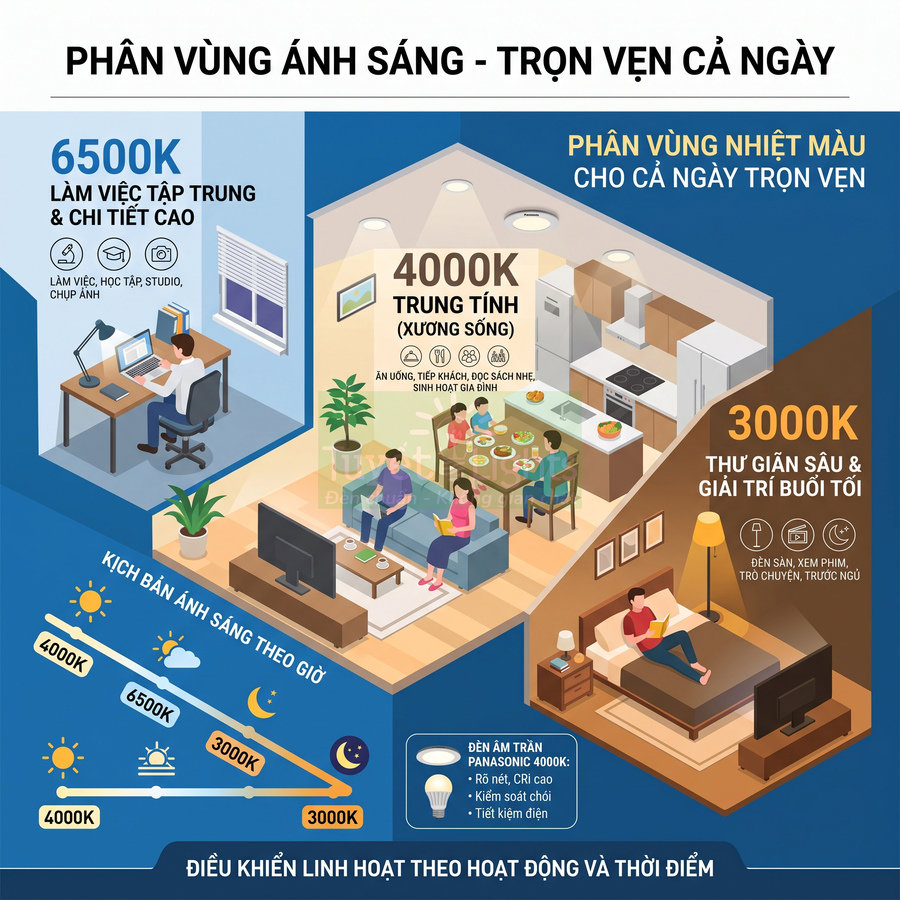 Đèn âm trần Panasonic 4000K điều chỉnh nhiệt màu 3000K 4000K 6500K cho làm việc, sinh hoạt và thư giãn trong nhà