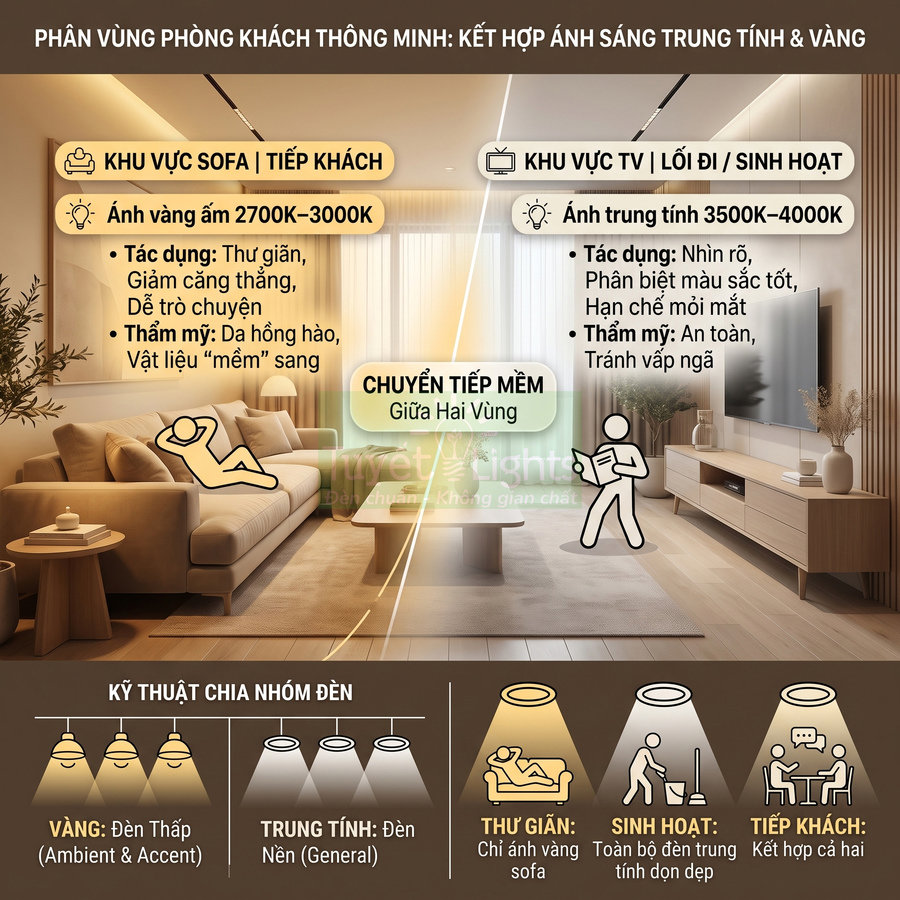 Phòng khách hiện đại với sofa và khu vực TV được phân vùng ánh sáng vàng và trung tính thông minh