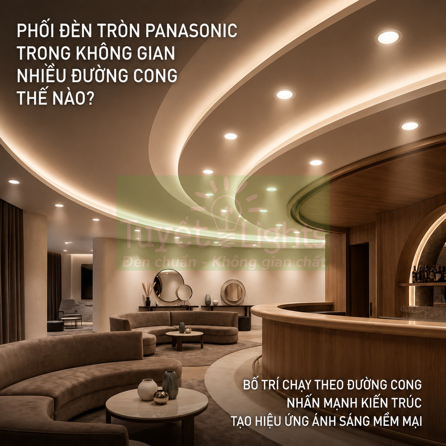 Đèn tròn Panasonic lắp âm trần trong phòng khách sang trọng với trần uốn cong và nội thất hiện đại