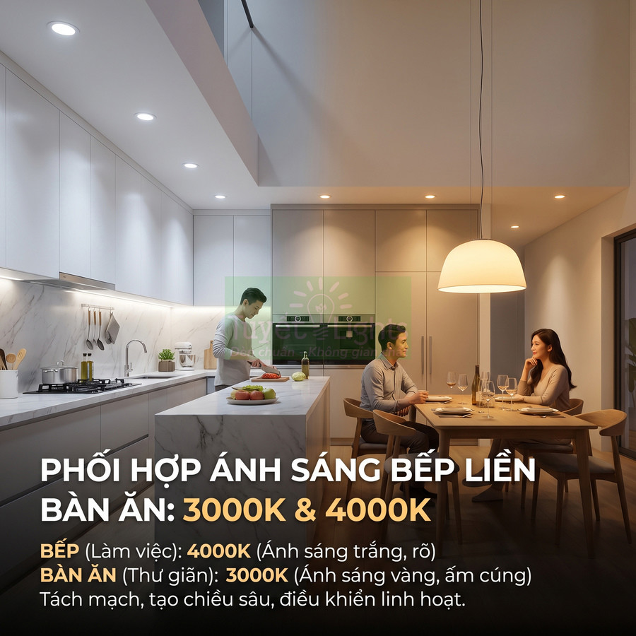 Phối hợp đèn LED 3000K và 4000K cho bếp liền bàn ăn hiện đại, ánh sáng trắng cho bếp và vàng ấm cho bàn ăn