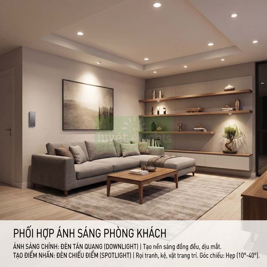 Phòng khách hiện đại sử dụng đèn downlight âm trần và đèn chiếu điểm spotlight chiếu sáng sofa và kệ trang trí