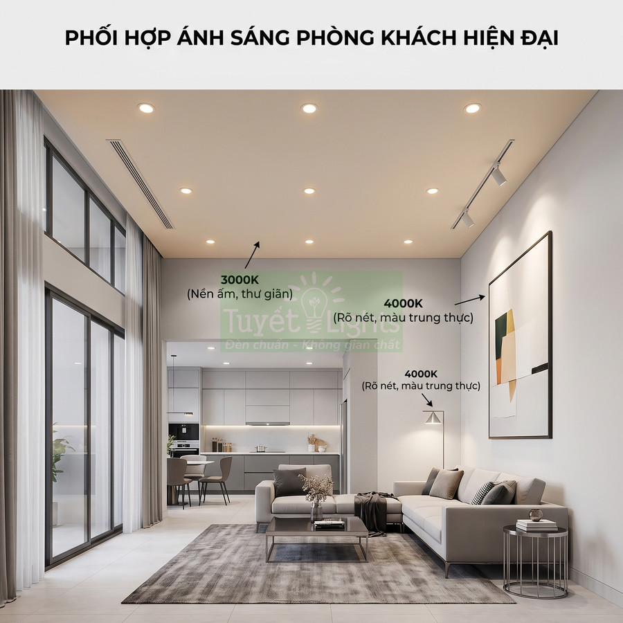 Phòng khách hiện đại với hệ thống đèn LED trần 3000K và 4000K chiếu sáng khu vực sofa và bếp