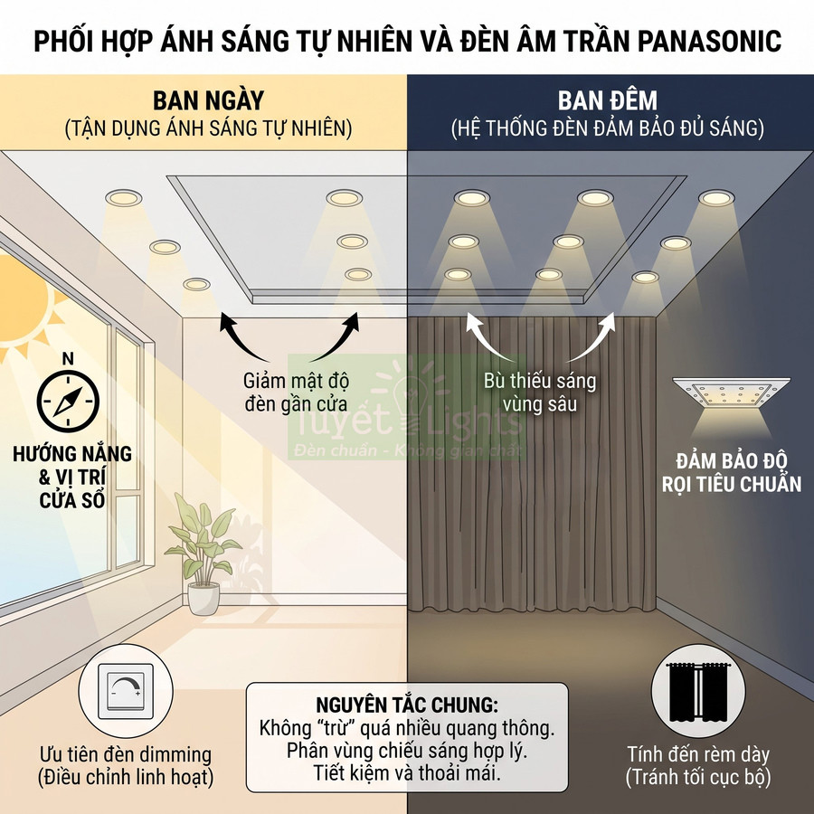 Phối hợp ánh sáng tự nhiên và hệ thống đèn âm trần Panasonic cho phòng khách sáng đều, tiết kiệm điện