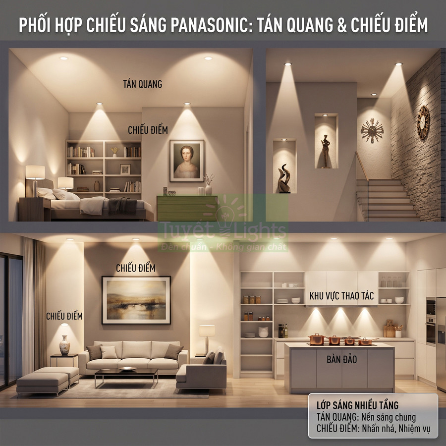 Phối hợp đèn âm trần Panasonic tán quang và chiếu điểm cho phòng ngủ, phòng khách và bếp hiện đại