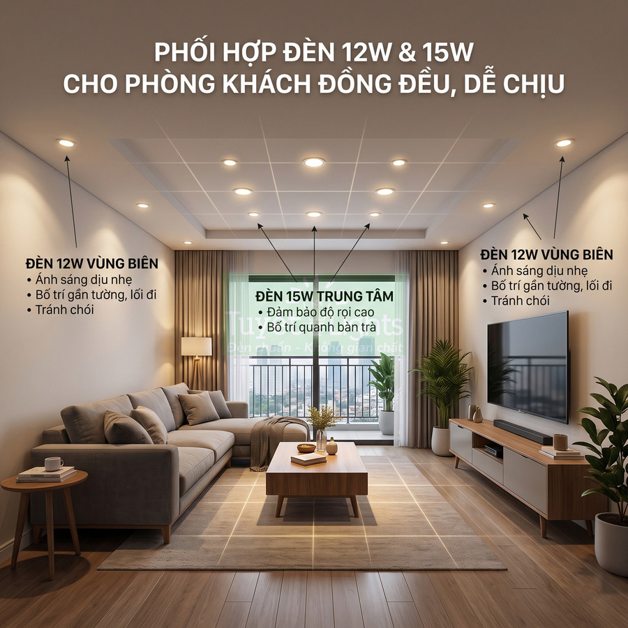 Phòng khách hiện đại sử dụng đèn âm trần 12W vùng biên và 15W trung tâm cho ánh sáng đồng đều, dễ chịu