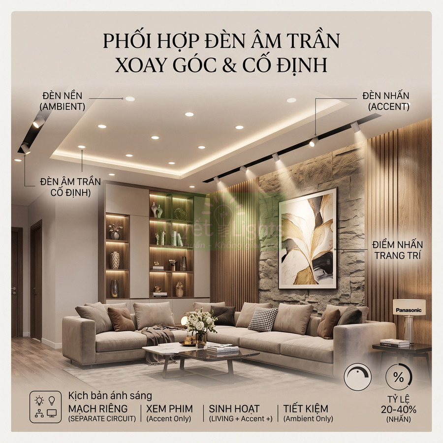 Phòng khách hiện đại dùng đèn âm trần xoay góc và cố định Panasonic tạo ánh sáng trang trí ấm cúng