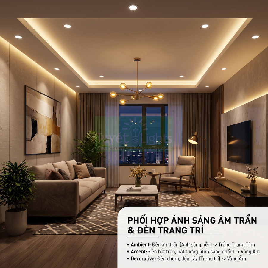 Phòng khách hiện đại với đèn âm trần và đèn chùm trang trí ánh sáng vàng ấm sang trọng