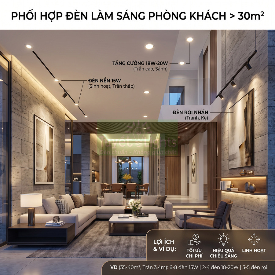 Phối hợp đèn âm trần và đèn rọi nhấn chiếu sáng phòng khách hiện đại trên 30m2