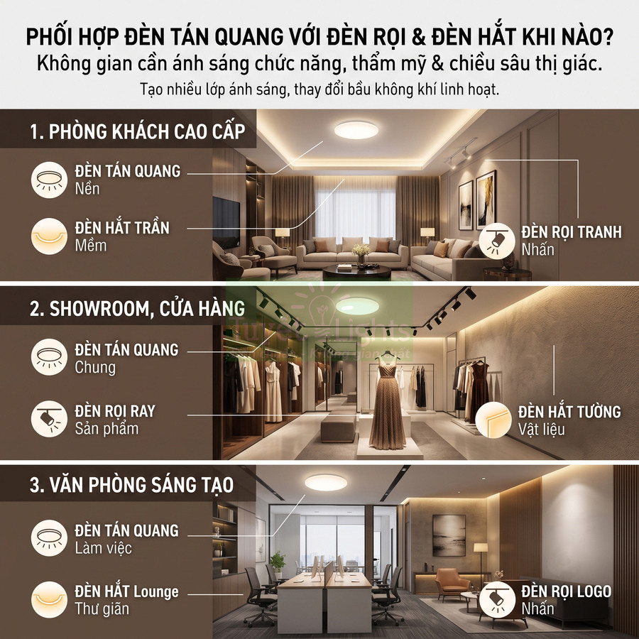 Phối hợp đèn tán quang, đèn rọi và đèn hắt cho phòng khách, showroom và văn phòng hiện đại