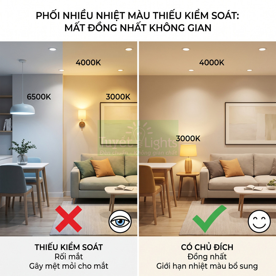 So sánh phòng khách dùng đèn LED nhiều nhiệt màu lộn xộn và đèn LED 3000K, 4000K bố trí đồng nhất