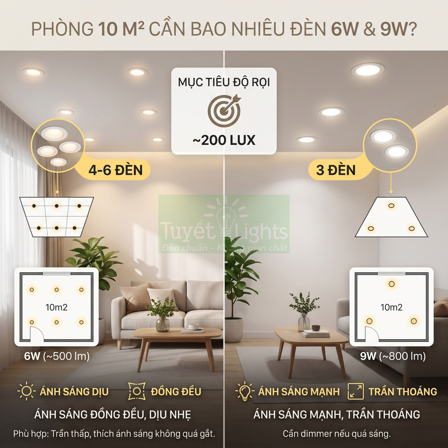 So sánh số lượng đèn âm trần LED 6W và 9W cho phòng 10m2 của Tuyết Lights