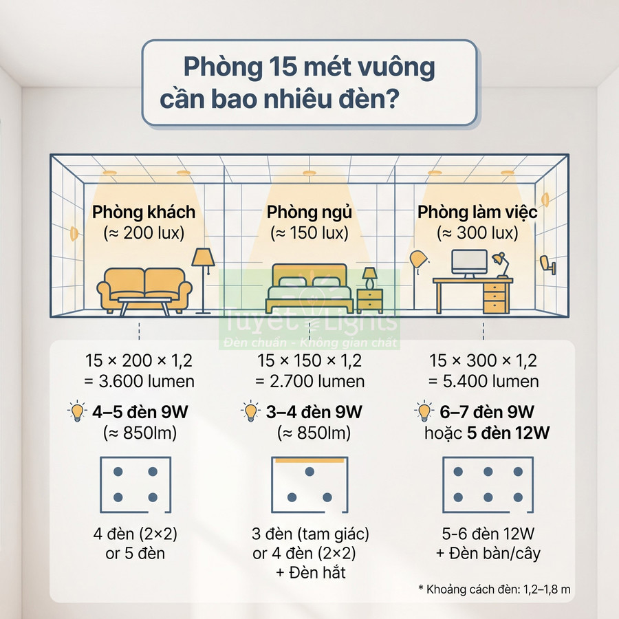 Bảng hướng dẫn số lượng đèn LED 9W cho phòng khách, phòng ngủ, phòng làm việc diện tích 15m2