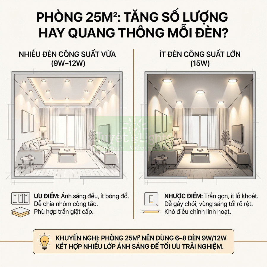 So sánh bố trí nhiều đèn LED âm trần 9W 12W và ít đèn 15W cho phòng khách 25m2