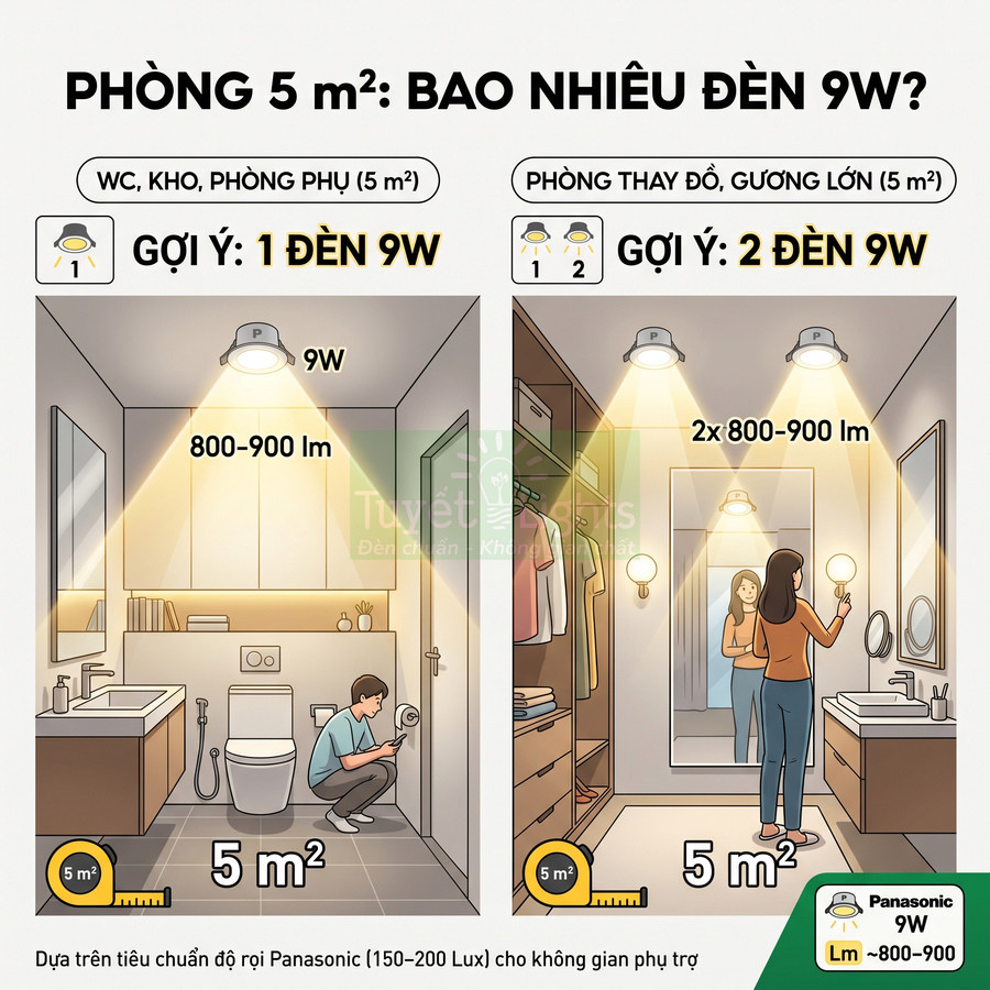 Infographic hướng dẫn chọn số lượng đèn LED Panasonic 9W cho phòng 5m2 như WC và phòng thay đồ