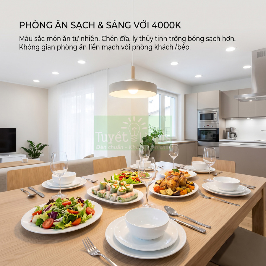 Đèn trần ánh sáng 4000K chiếu bàn ăn gỗ bày biện bát đĩa, ly thủy tinh và các món ăn trong phòng bếp hiện đại