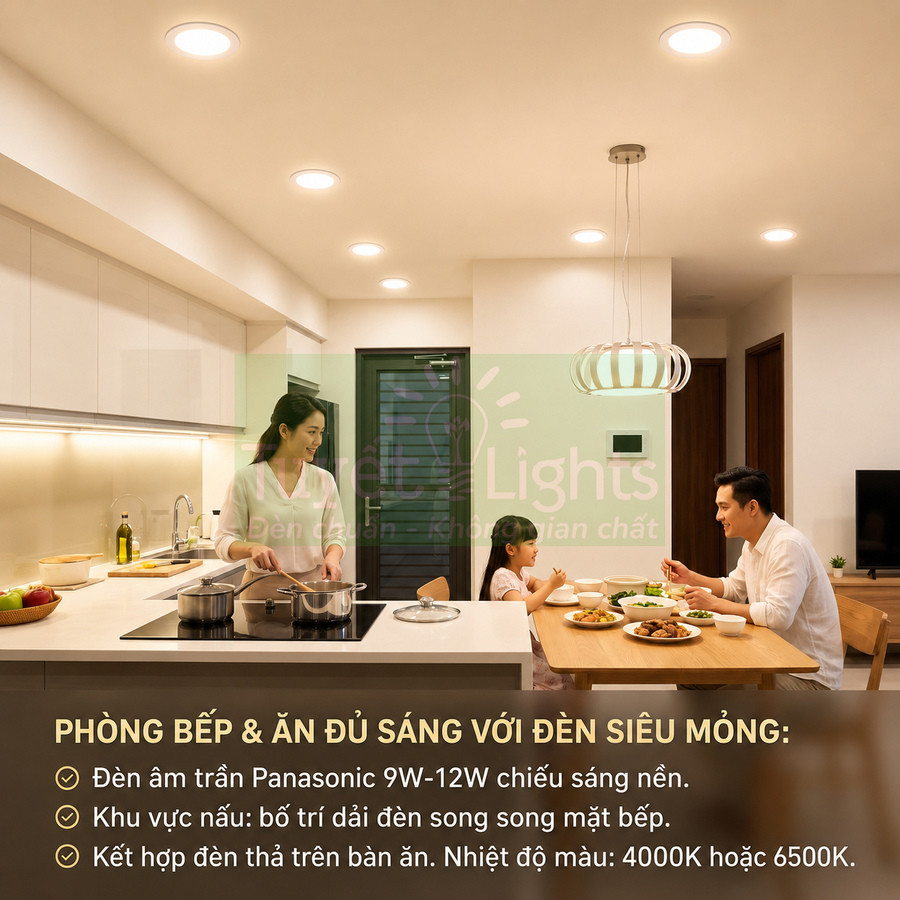 Phòng bếp gia đình sử dụng đèn âm trần Panasonic siêu mỏng chiếu sáng khu vực nấu ăn và bàn ăn