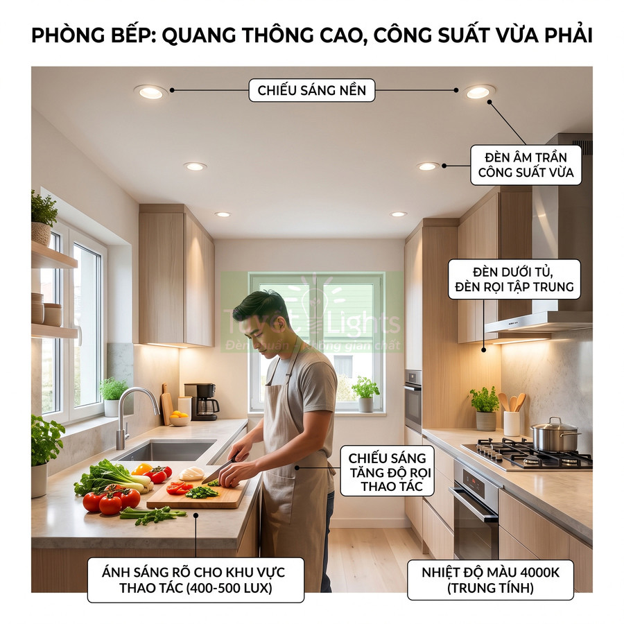 Hệ thống đèn âm trần và đèn dưới tủ chiếu sáng khu bếp hiện đại, hỗ trợ người đàn ông chuẩn bị nấu ăn