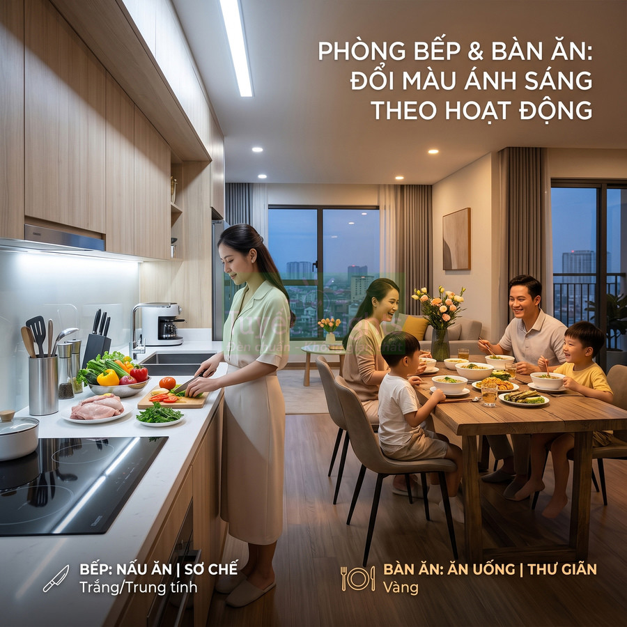 Đèn LED đổi màu cho phòng bếp và bàn ăn, ánh sáng trắng khi nấu ăn và ánh sáng vàng ấm khi dùng bữa gia đình