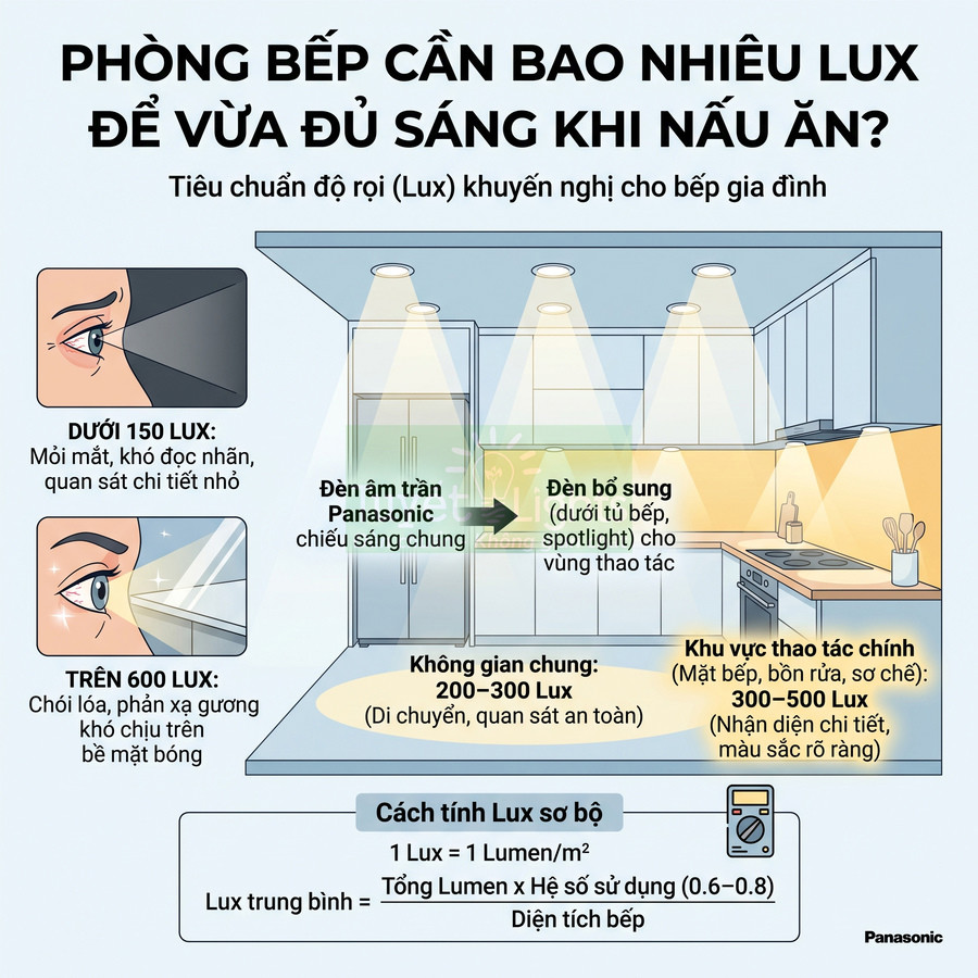 Minh họa phòng bếp với đèn âm trần và đèn bổ sung Panasonic, hướng dẫn độ sáng lux phù hợp cho khu vực nấu ăn