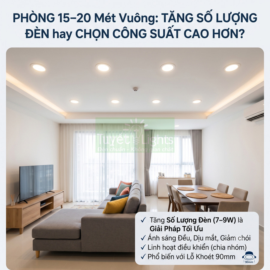 Phòng khách 15–20m2 lắp nhiều đèn LED âm trần ánh sáng trắng cho không gian sáng đều, hiện đại