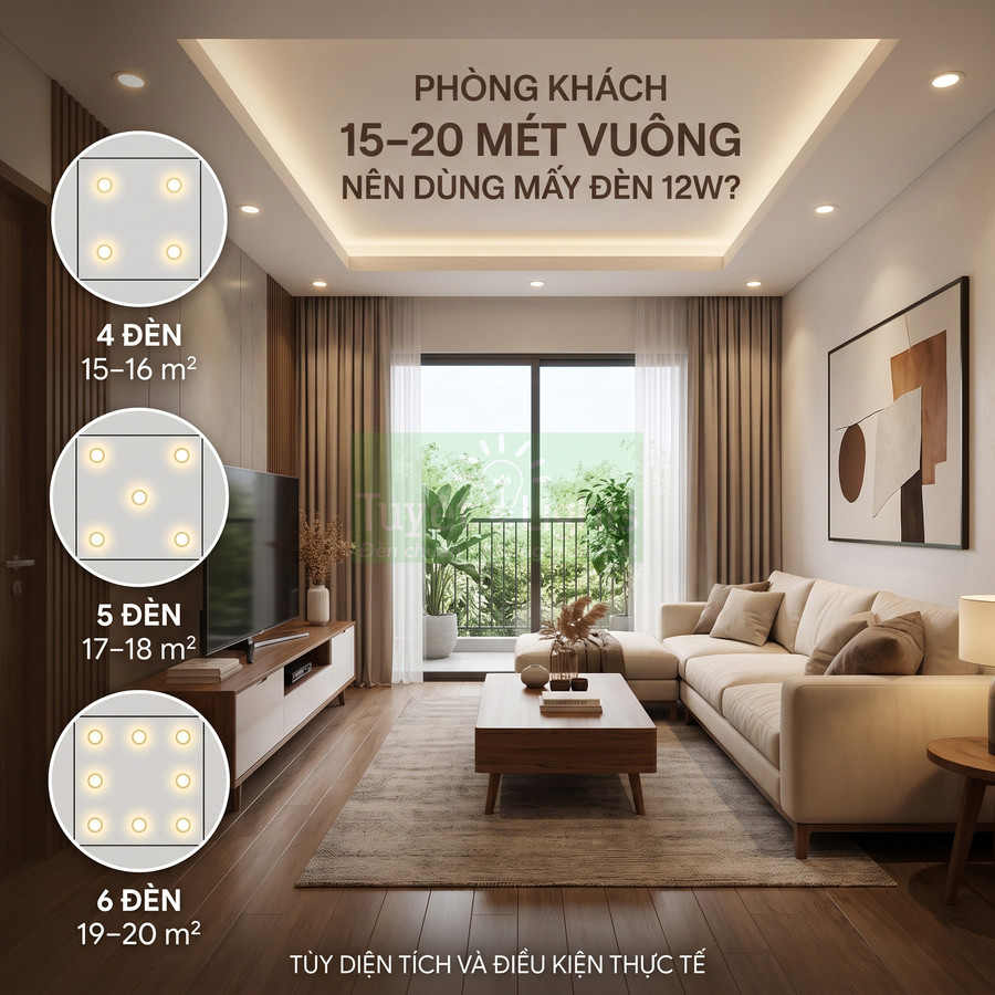 Phòng khách hiện đại 15 đến 20m2 sử dụng đèn âm trần 12W bố trí 4 đến 6 bóng chiếu sáng