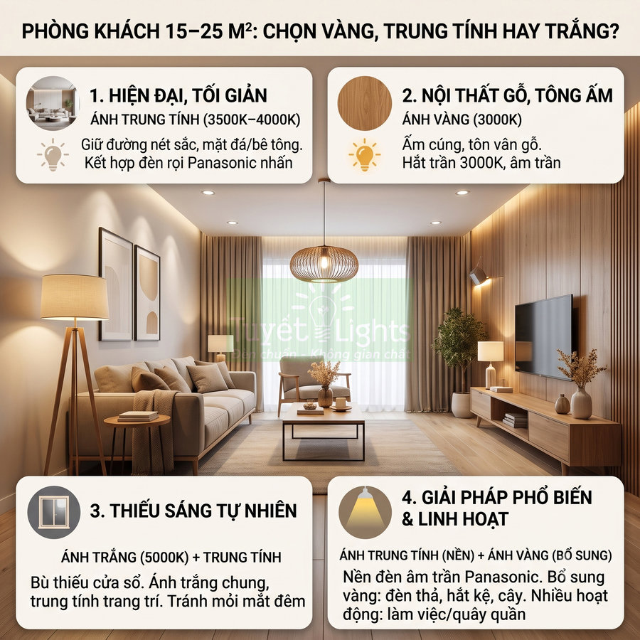 Phòng khách 15–25m2 dùng đèn trần Panasonic ánh vàng, trung tính và trắng cho nội thất gỗ hiện đại, ấm cúng