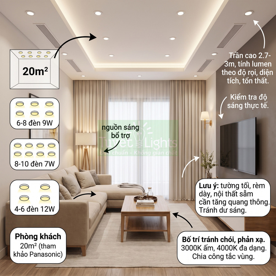 Bố trí đèn âm trần 7W, 9W hoặc 12W cho phòng khách 20 m² với trần cao 2,7–3 m