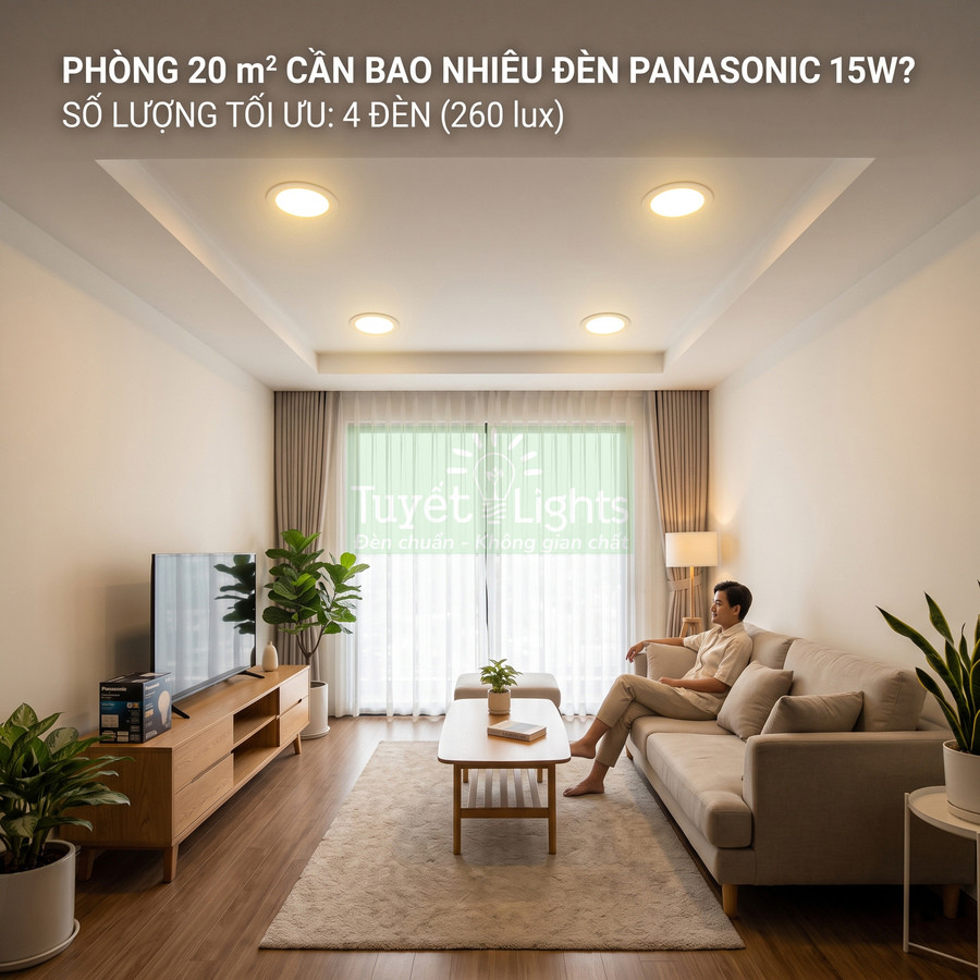 Phòng khách 20m2 lắp 4 đèn âm trần Panasonic 15W ánh sáng vàng, nội thất hiện đại, người đàn ông ngồi trên sofa