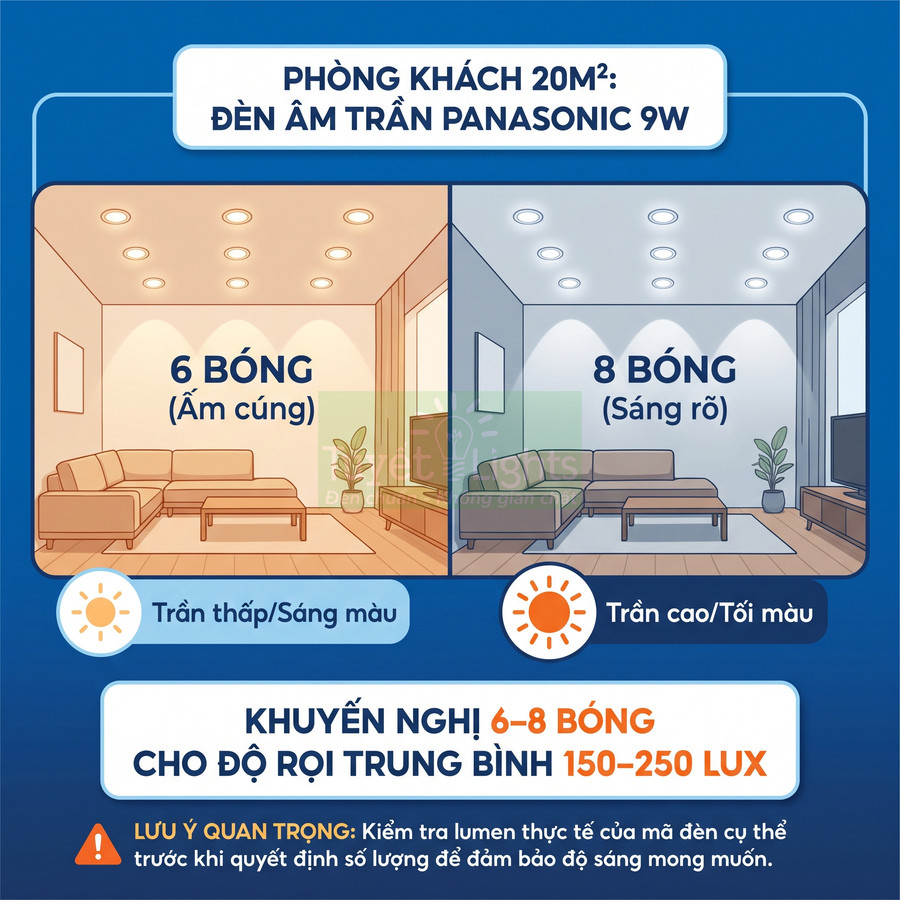 Minh họa số lượng đèn âm trần Panasonic 9W cho phòng khách 20m2 với 6 bóng và 8 bóng sáng rỡ