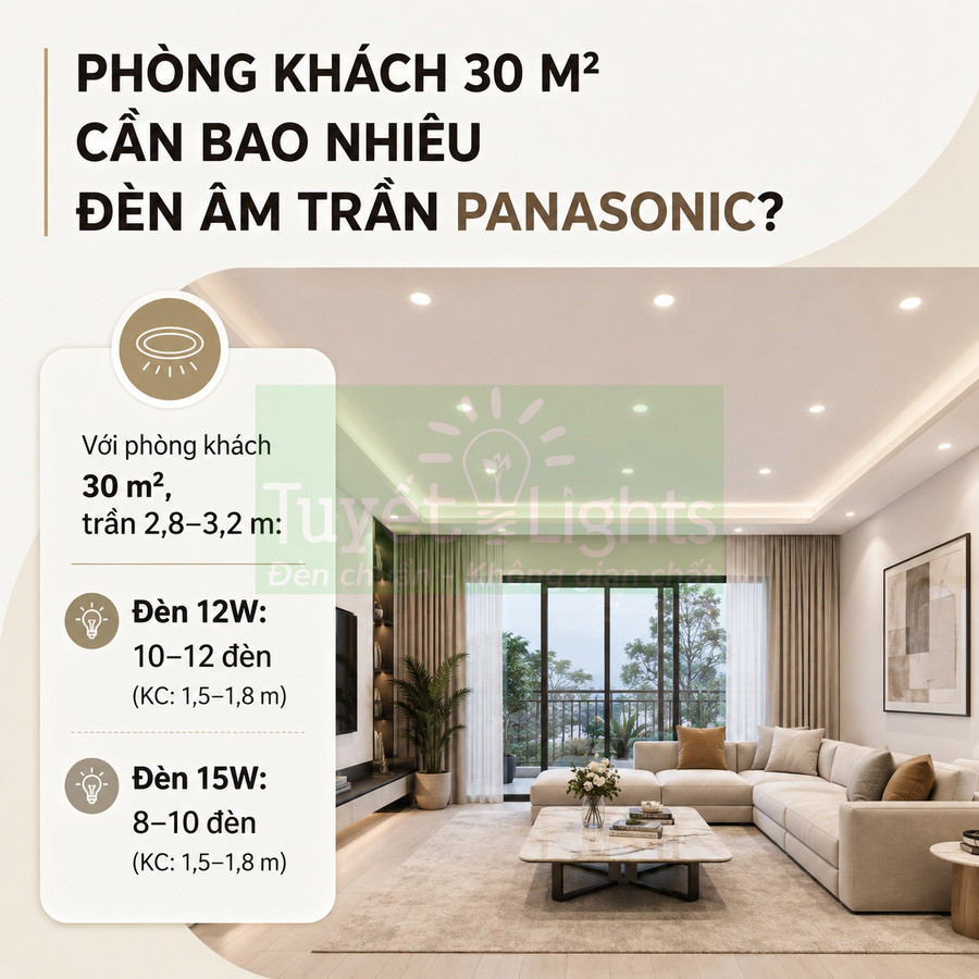 Phòng khách 30m2 lắp nhiều đèn âm trần Panasonic ánh sáng trắng hiện đại, nội thất sofa và bàn trà sang trọng